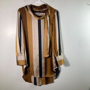Womens Zara Basic Tie Neck Striped Button Shirt S Brown Gold Cream Black Long Sl